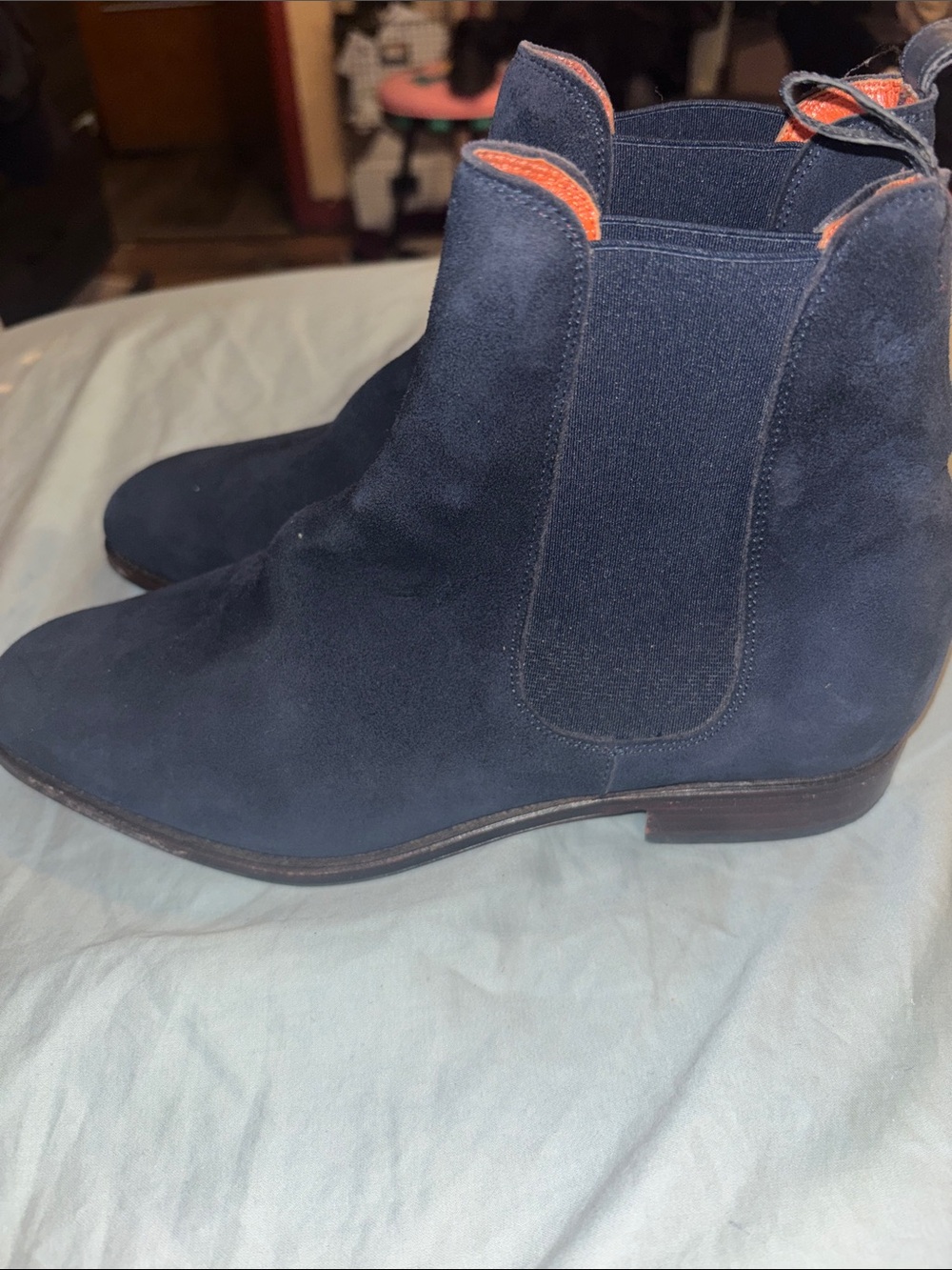 Navy Suede Chelsea Ankle Boots with Orange Pull-Tab Accent